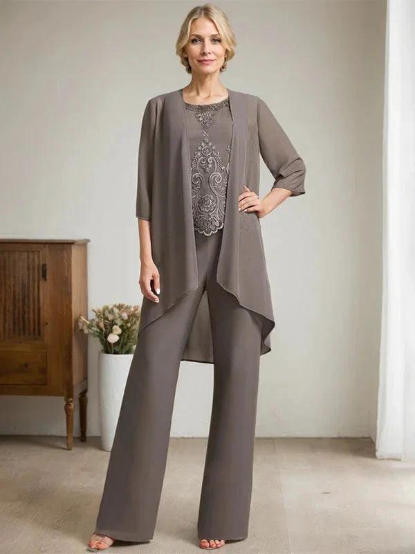 Separates Jumpsuit/Pantsuit Scoop Floor-Length Chiffon Lace Mother of the Bride Dress With Beading Sequins by Dreamylily