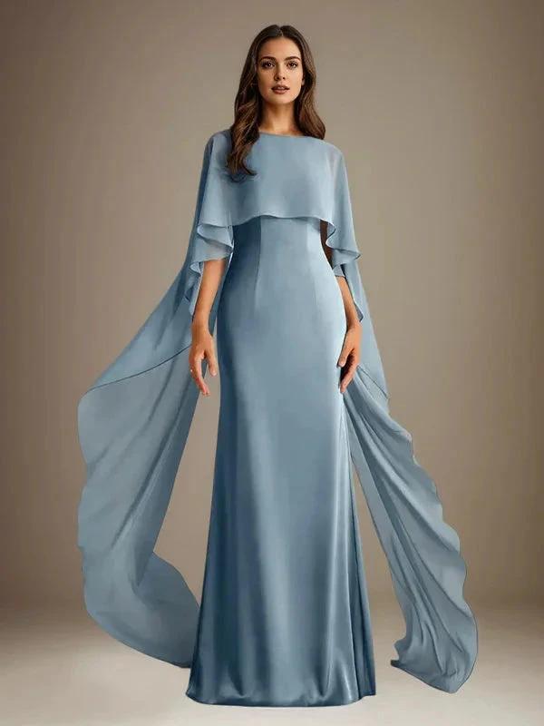 Sheath/Column Boatneck Floor-Length Chiffon Mother of the Bride Dress With Cascading Ruffles by Dreamylily