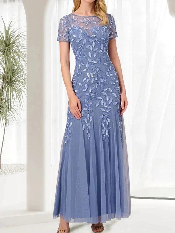 Blue Mermaid Round Neck Long Mother of the Bride Dress With Beadings by Dreamylily