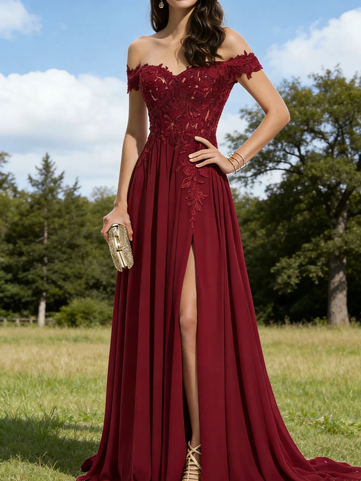Burgundy Off-the-Shoulder Lace Evening Gown with Train by ZAPDRESS