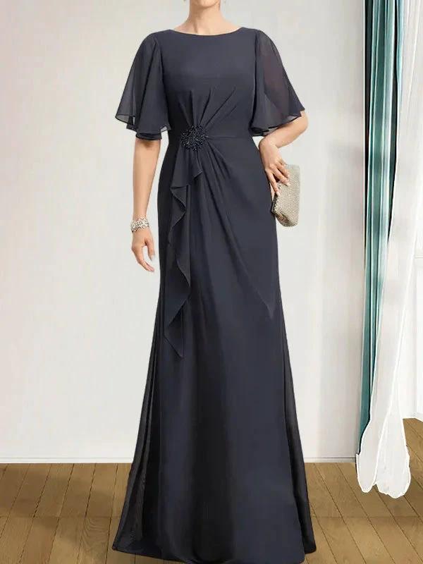 A-line Scoop Floor-Length Chiffon Mother of the Bride Dress With Cascading Ruffles Beading Sequins by Dreamylily