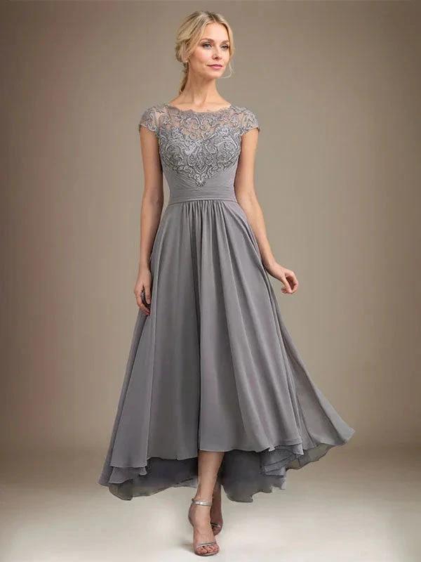A-line Scoop Illusion Asymmetrical Lace Chiffon Mother of the Bride Dress With Pleated by Dreamylily