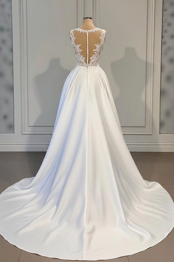 Magnifique robe de mariée sans manches en ligne A à col en V avec traîne amovible