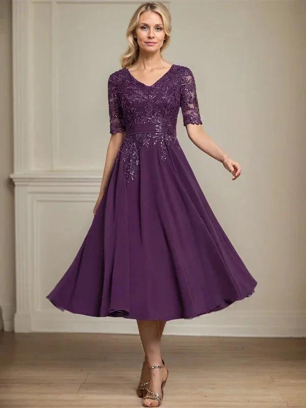 A-line V-Neck Tea-Length Lace Chiffon Mother of the Bride Dress With Sequins by Dreamylily