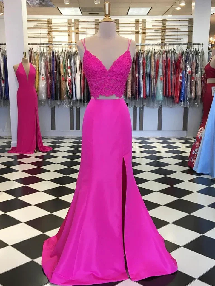 Fuchsia V Neck Two Pieces Mermaid Lace Top Satin Long Prom Dress with Slit Mermaid Lace Fuchsia Formal Graduation Evening Dresses Y1026 by simplepromdress