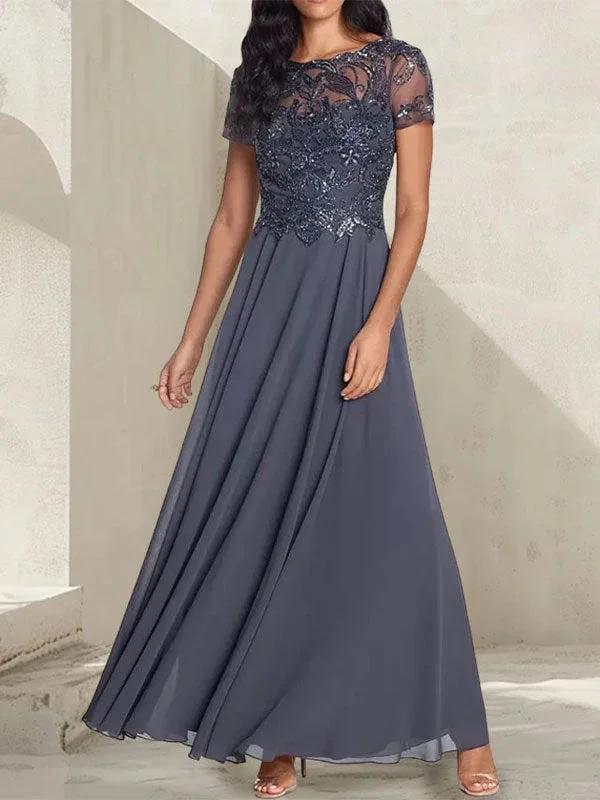Charcoal Grey A-Line Scoop Long Mother of the Bride Dress With Beadings by Dreamylily
