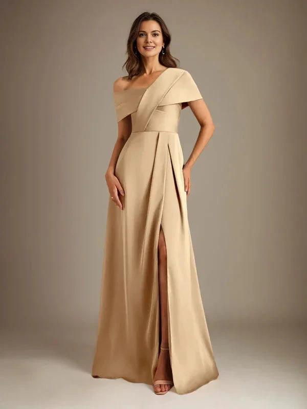 A-Line Asymmetrical Neckline Floor-Length Satin Mother of the Bride Dress With Pleated by Dreamylily