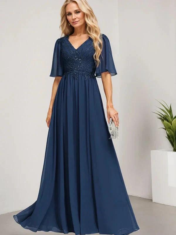 A-line V-Neck Floor-Length Lace Chiffon Mother of the Bride Dress With Sequins by Dreamylily