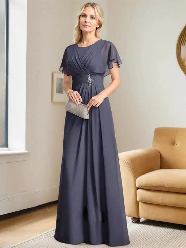 A-line Scoop Floor-Length Chiffon Mother of the Bride Dress With Pleated Beading by Dreamylily
