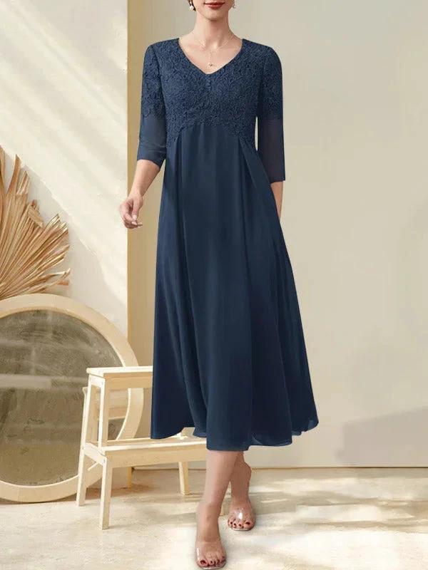 A-line V-Neck Tea-Length Chiffon Lace Mother of the Bride Dress With Beading by Dreamylily