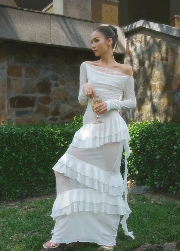 Classy Sheath Lace Chiffon Ruffles Prom Evening Dress,White Wedding Dress Y8082 by simplepromdress