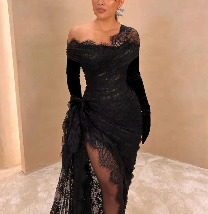 Elegant Black Lace Prom Dress Asymmetric With High Slit Long Evening Dress Y7984 by simplepromdress