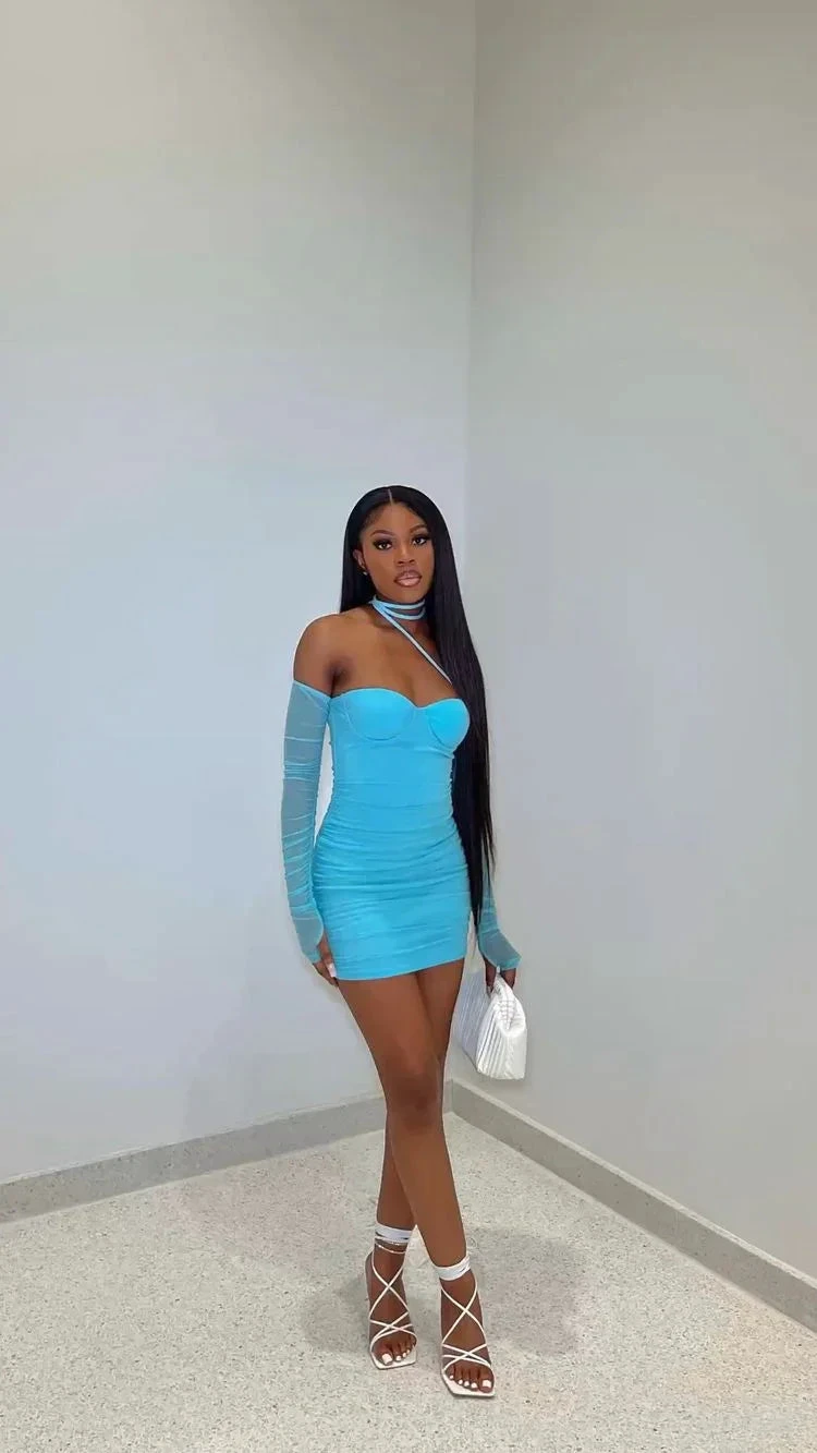 Long Sleeve Sweetheart Neck Mesh Mini Dress Sexy Blue Mini Homecoming Dress Y4135 by simplepromdress