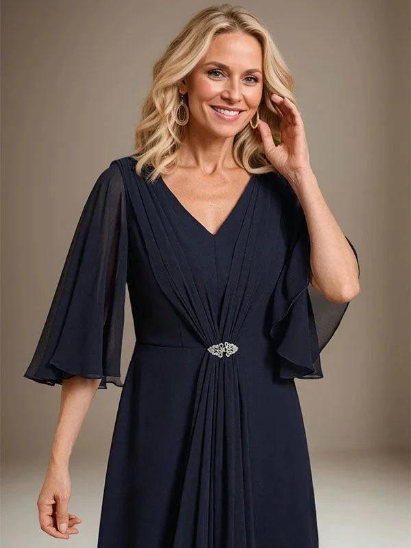 A-line V-Neck Floor-Length Chiffon Mother of the Bride Dress With Cascading Ruffles Crystal Brooch by Dreamylily