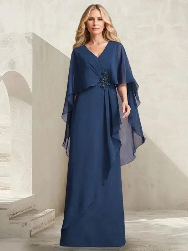 A-line V-Neck Floor-Length Chiffon Mother of the Bride Dress With Cascading Ruffles Beading by Dreamylily