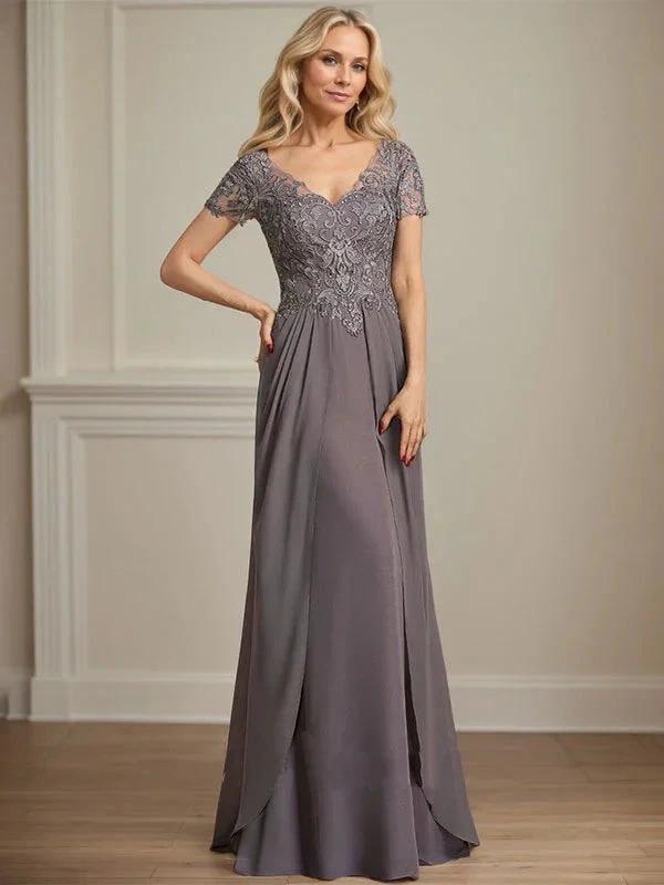 A-line V-Neck Floor-Length Chiffon Lace Mother of the Bride Dress by Dreamylily