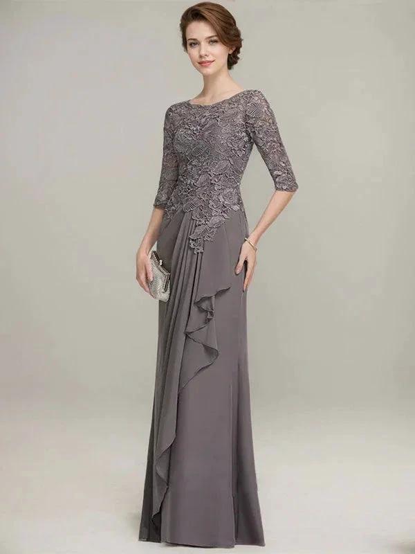 A-line Scoop Illusion Floor-Length Lace Chiffon Mother of the Bride Dress With Cascading Ruffles by Dreamylily