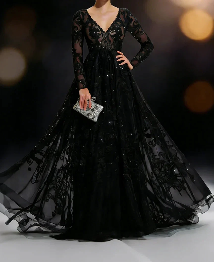 Black Lace Embroidery Long Sleeve Evening Gown V Neck Tulle Train Formal Dress by ZAPDRESS