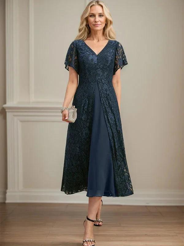 A-line V-Neck Tea-Length Lace Chiffon Mother of the Bride Dress by Dreamylily