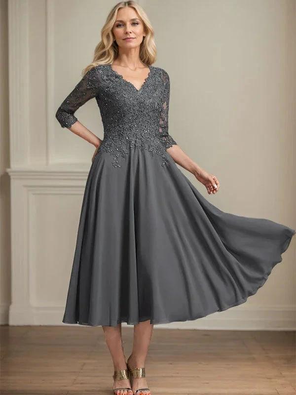 A-line V-Neck Tea-Length Chiffon Lace Mother of the Bride Dress With Beading Sequins by Dreamylily