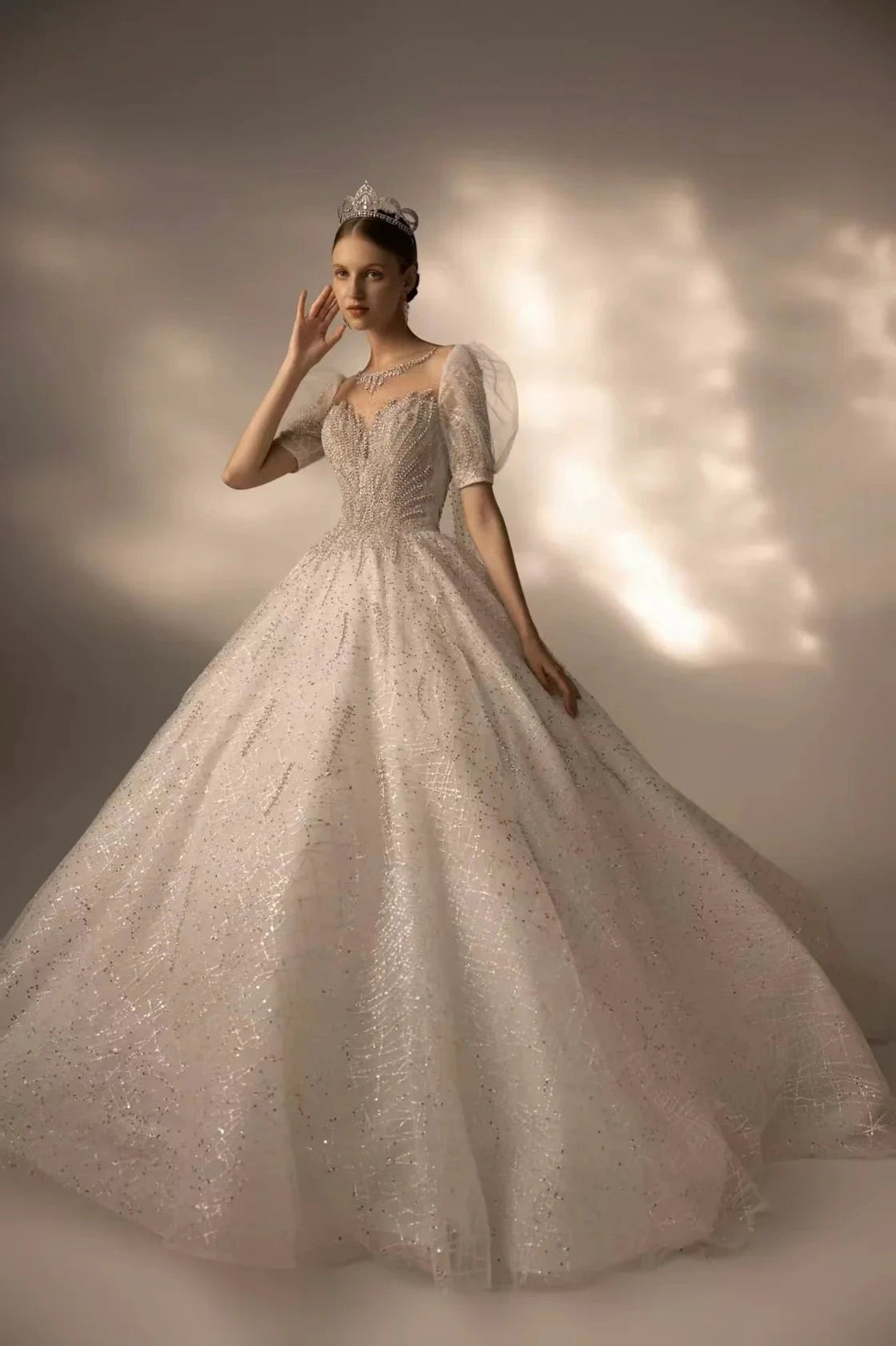 Sparkling Ball Gown Sweetheart Neck Tulle Wedding Dress with Beaded Embroidery &amp; Sheer Puff Sleeves Q6021 by ZAPDRESS
