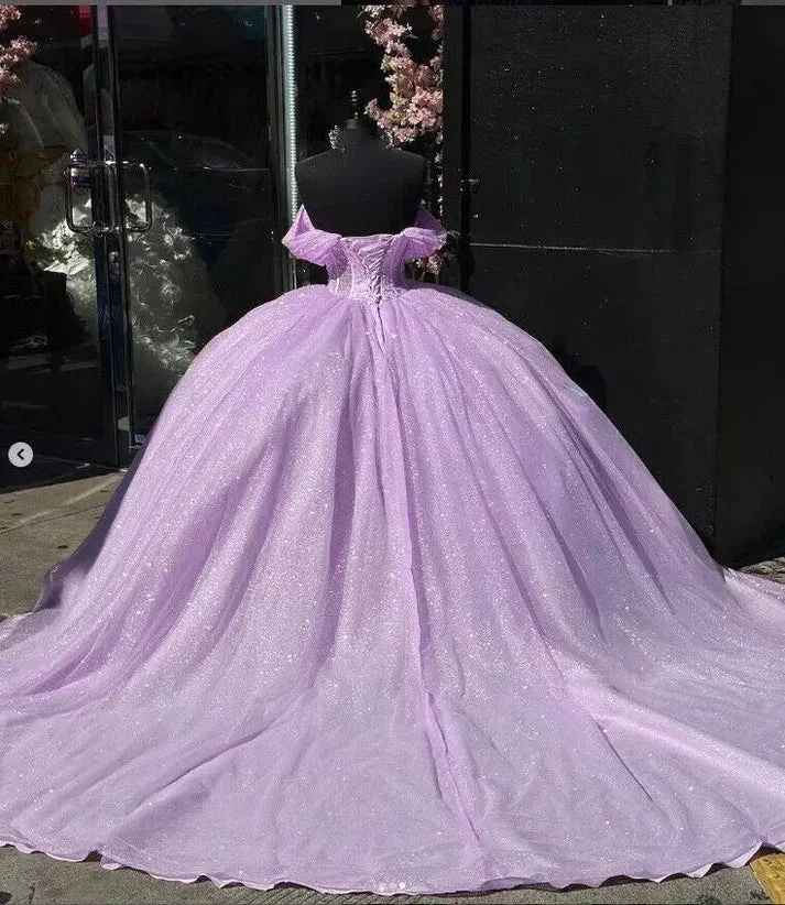 Glitter Off The Shoulder Lilac Tulle Beaded Ball Gown Quinceanera Dress Y7463 by simplepromdress