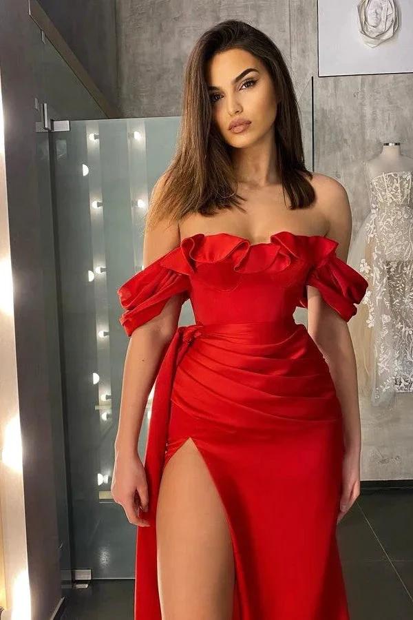 Classic Red Off The Shoulder Ruffles Long Mermaid Prom Dress With Slit by BIZTUNNEL