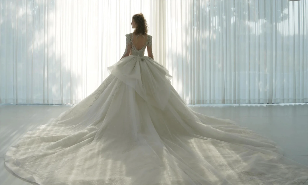 Dazzling Ball Gown Deep V-Neck Tulle Wedding Dress with Beaded Embroidery &amp; Illusion Cut-Out Back Q-6022 by ZAPDRESS