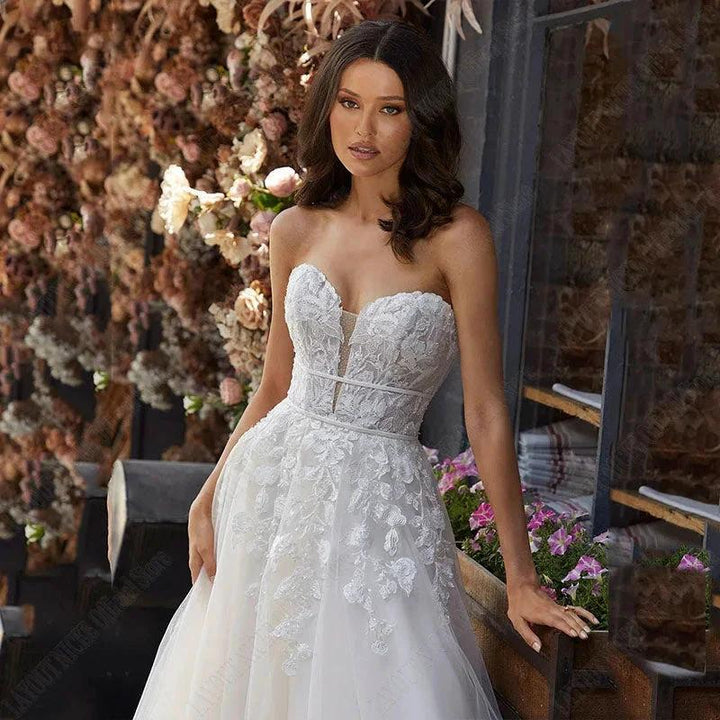 Wedding Dress A Line Removable Long Sleeve Bride Elegant Open Back Lace Bridal Gown Applique Tulle Vestido De Noiva by payinti