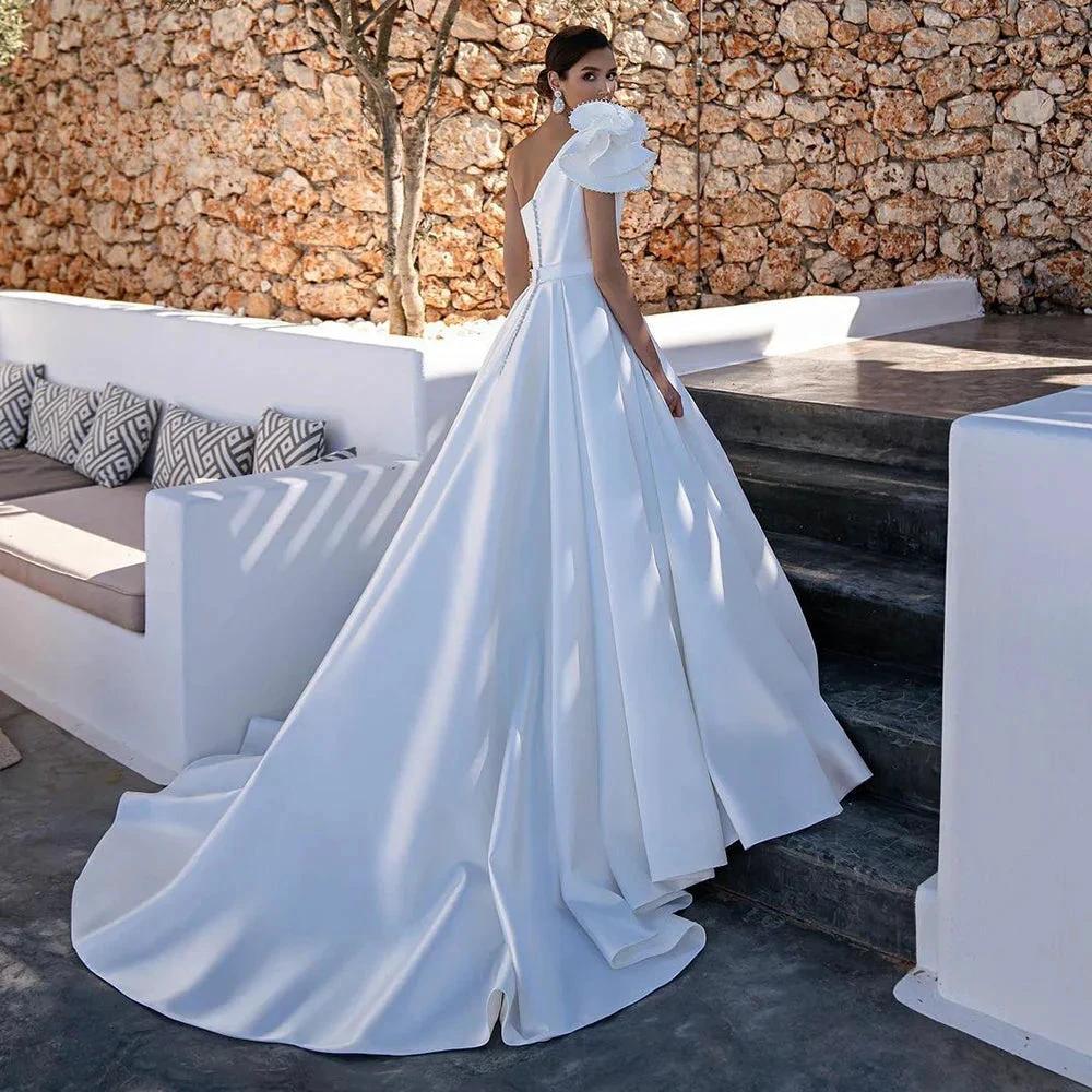 Elegant A-Line One Shoulder Stain Wedding Dress Beading Sleeveless Bridal Gowns For Women Custom Made Vestido De Novia by payinti