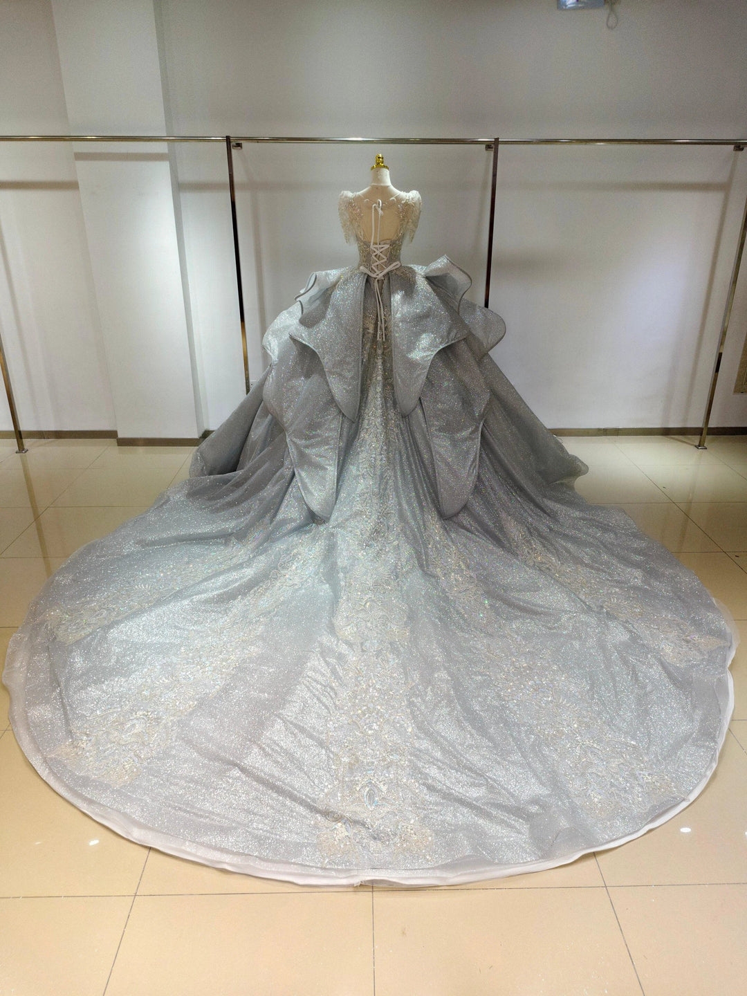 Silver Glimmer V-Neck Ballgown: Crystal-Embroidered Bust &amp; Dramatic Bow Train by ZAPDRESS