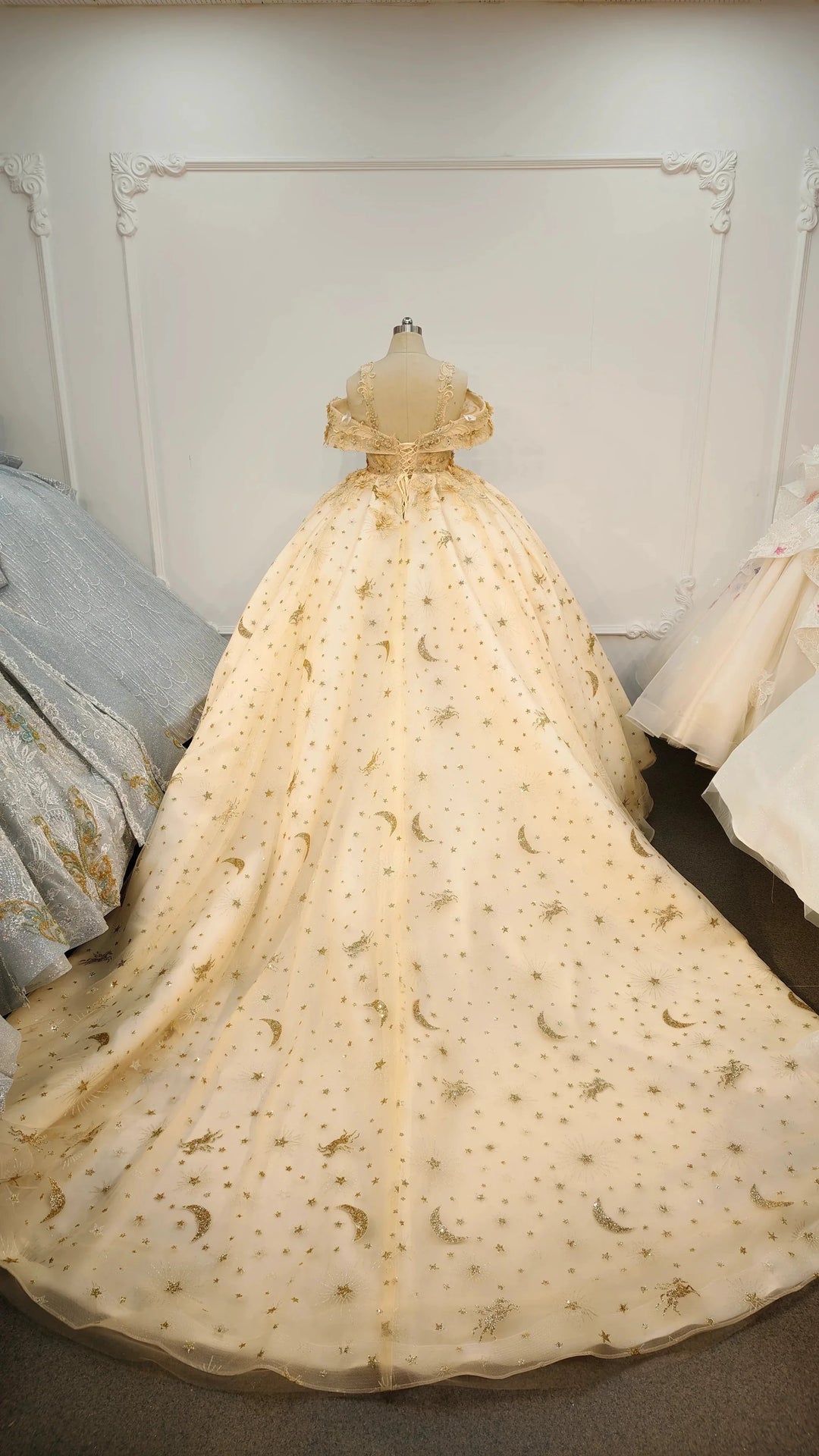 Celestial Off-the-Shoulder Ball Gown Wedding Dress with Star/Moon Embroidery &amp; Beaded Floral Appliqués Ye-2040 by ZAPDRESS