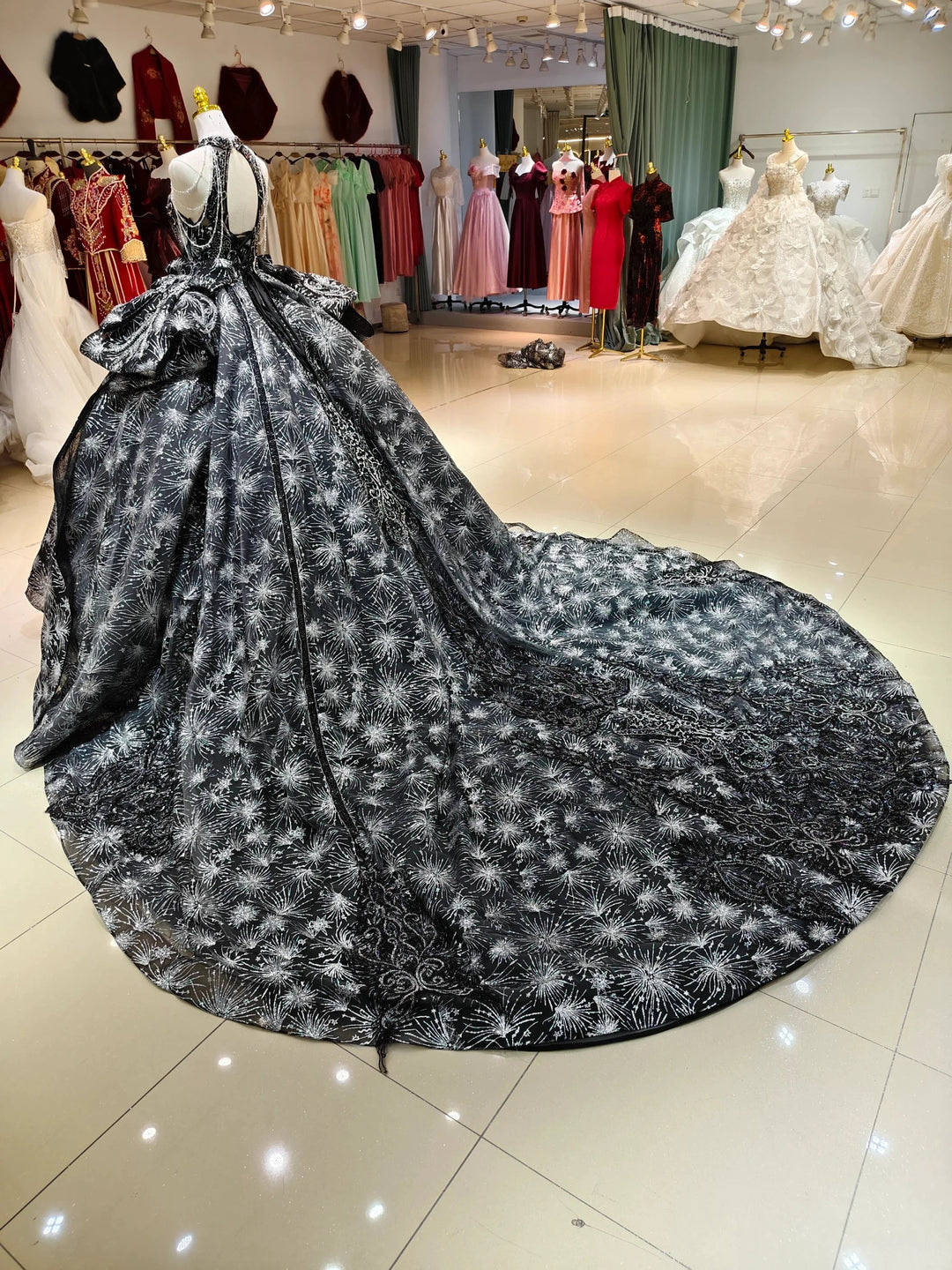 Dramatic Black Halter-Neck Ball Gown Wedding Dress with Firework Sequin Embroidery &amp; Beaded Tassels Ye-2035 by ZAPDRESS