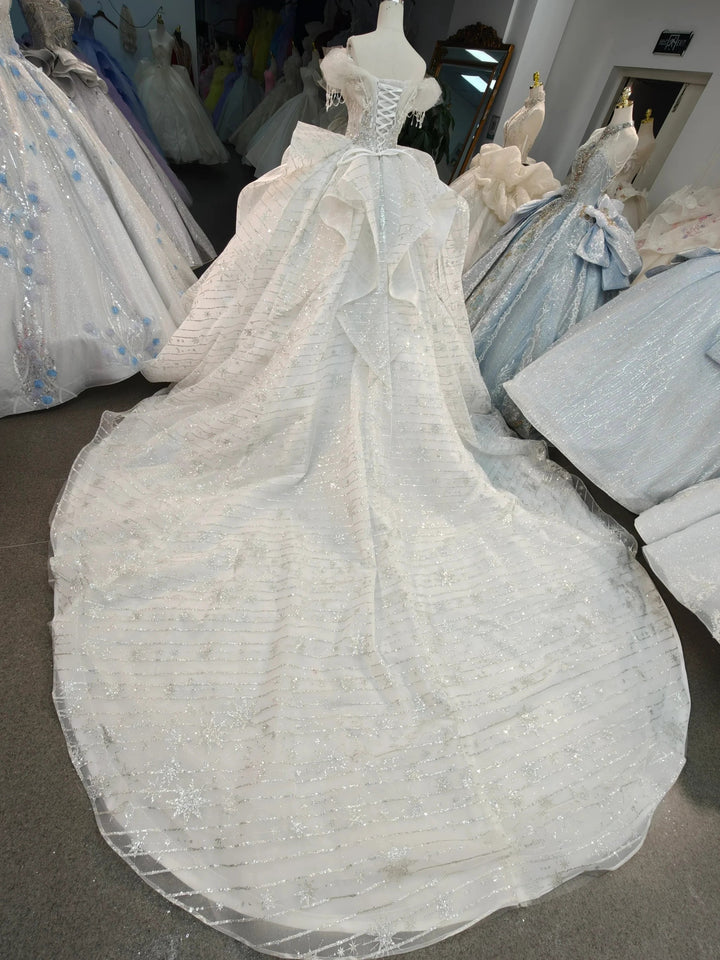 Ivory Starlight Off-Shoulder Ballgown Celestial Sequin Skirt &amp; Beaded Tassel Bodice by ZAPDRESS