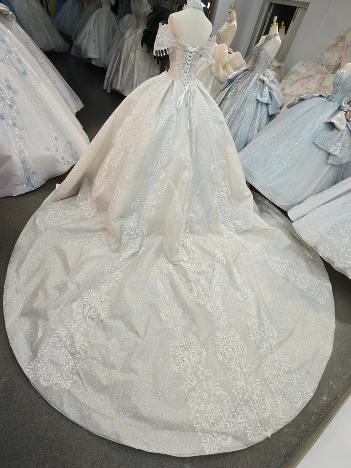 Champagne Glimmer Off-Shoulder Ballgown Crystal Fringe Bust &amp; Embroidered Train by ZAPDRESS