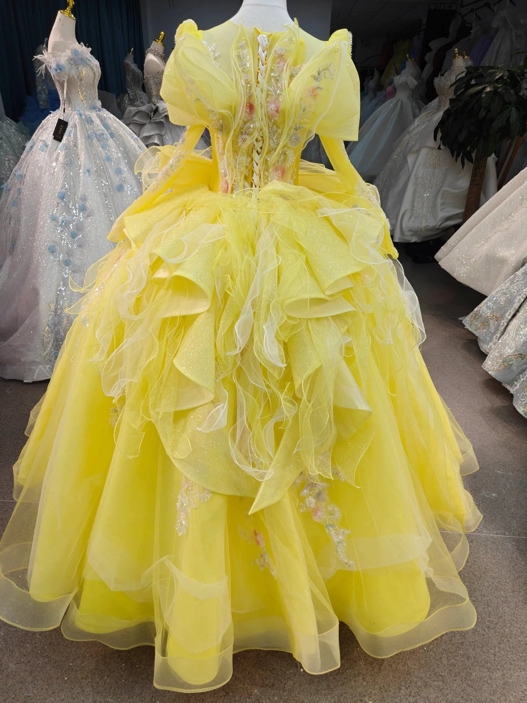 Vibrant Yellow High-Neck Ball Gown Wedding Dress with Ruffled Tulle, 3D Floral Embroidery &amp; Corset Back Ye-2031 by ZAPDRESS