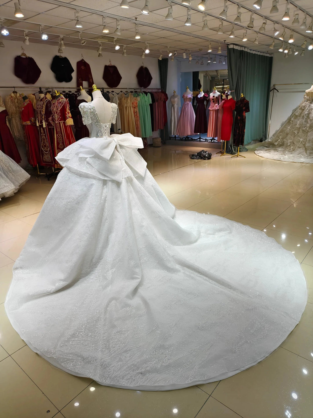 Silver Sparkle Cap-Sleeve Ballgown Beaded Bust &amp; Bow Train by ZAPDRESS