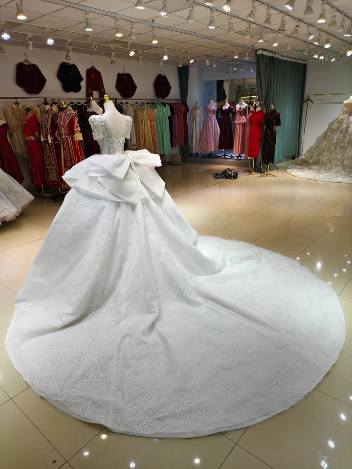 Silver Sparkle Cap-Sleeve Ballgown Beaded Bust &amp; Bow Train by ZAPDRESS