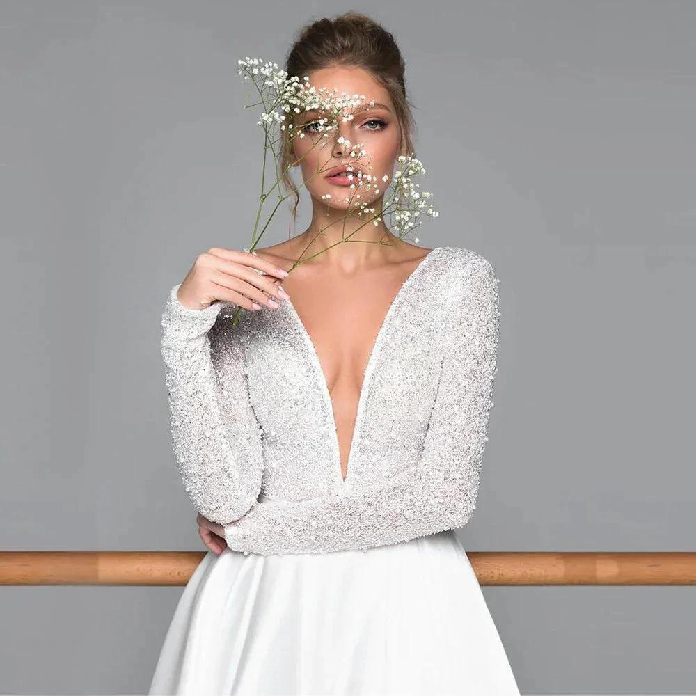 Luxury Long Sleeve Satin Wedding Dress Deep V-Neck Side Split Bridal Party Gown vestido de novia Sweep Train 2023 by payinti
