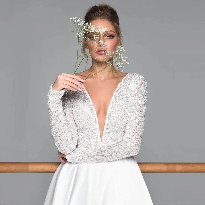 Luxury Long Sleeve Satin Wedding Dress Deep V-Neck Side Split Bridal Party Gown vestido de novia Sweep Train 2023 by payinti