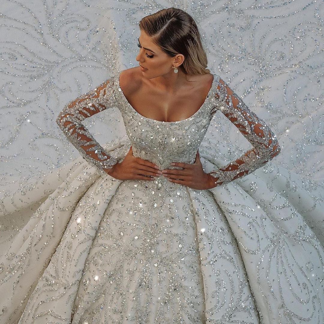 Bmbridal Long Sleeve Ball Gown Wedding Dress With Beads