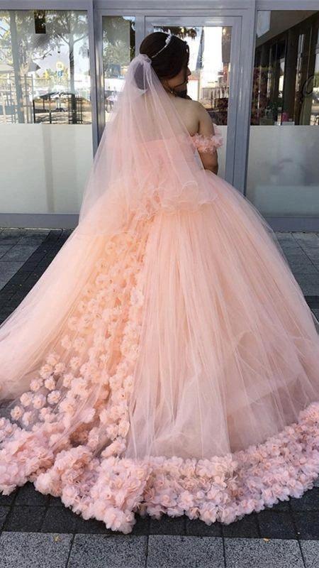 Off The Shoulder Hand Made Flowers Wedding Dress Tulle Wedding Dress Y474 by simplepromdress