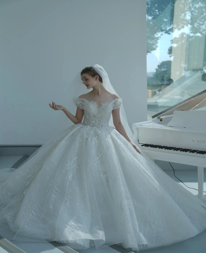 Ethereal Ball Gown Off-the-Shoulder Illusion Lace Wedding Dress with Beaded Embroidery &amp; Cathedral Train M-002 by ZAPDRESS