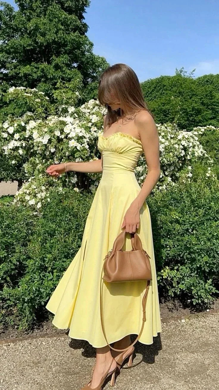Cute Yellow Strapless A Line Evening Dress Strapless Long Prom Dress Party Dress With Slit Y7551 by simplepromdress