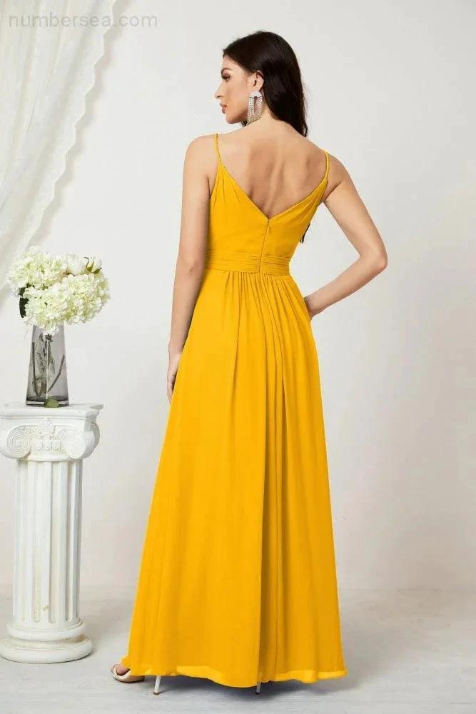 Numbersea Chiffon V-Neck Bridesmaid Dress Spaghetti Strap Long Formal Party Prom Gowns with Slit 28010 by numbersea