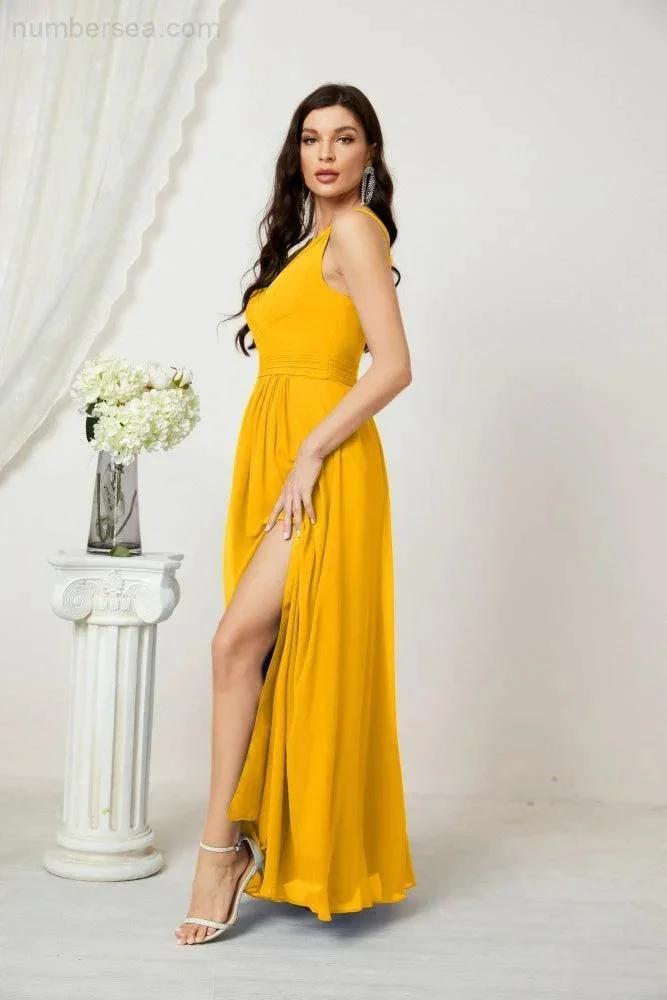 Numbersea Chiffon V-Neck Bridesmaid Dress Spaghetti Strap Long Formal Party Prom Gowns with Slit 28010 by numbersea
