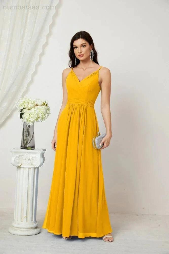 Numbersea Chiffon V-Neck Bridesmaid Dress Spaghetti Strap Long Formal Party Prom Gowns with Slit 28010 by numbersea