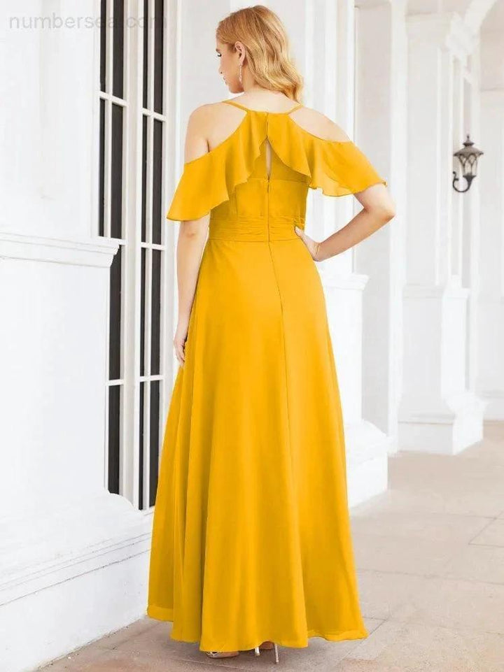 Numbersea Cold Shoulder Long Bridesmaid Dresses Side Slit Formal Prom Gowns Party Wedding 28070 by numbersea