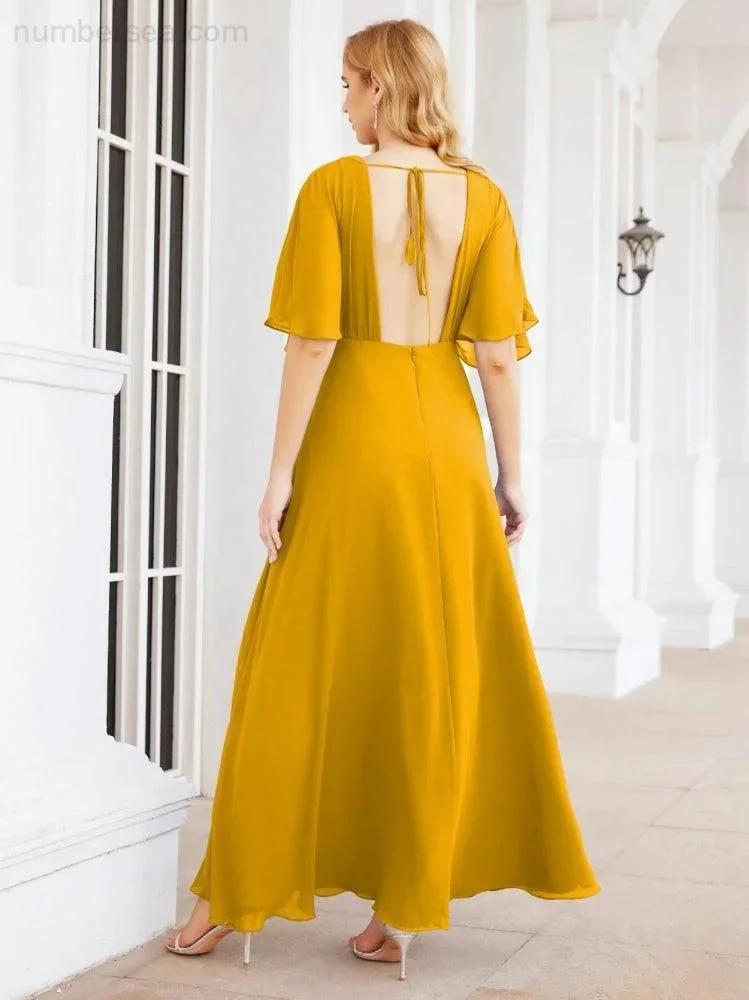 Numbersea V-Neck Bridesmaid Dress Chiffon Long Open Back Formal Dresses for Women Party Evening 28067 by numbersea