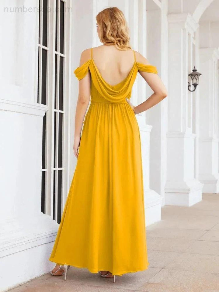 Numbersea Off The Shoulder Chiffon Bridesmaid Dress Long Formal Graduation Gown with Cowl Back 28069 by numbersea